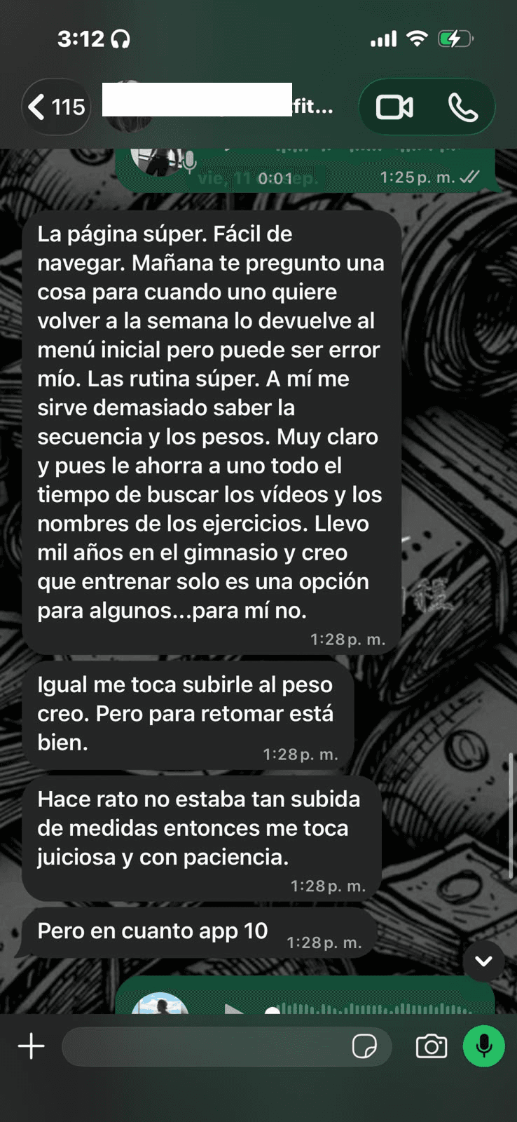 Mensaje de WhatsApp de un alumno sobre tuentrenador.co